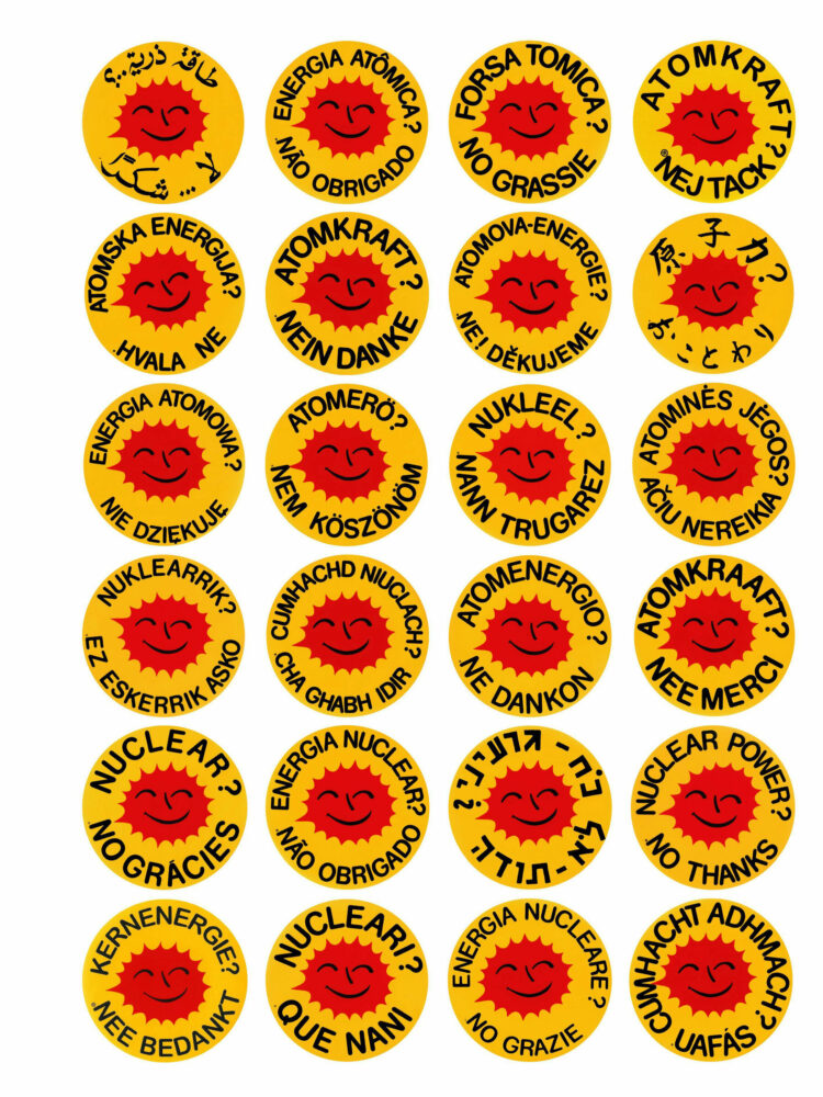 Nuclear power? No thanks logo in twenty four languages, 2023 © Smiling Sun
