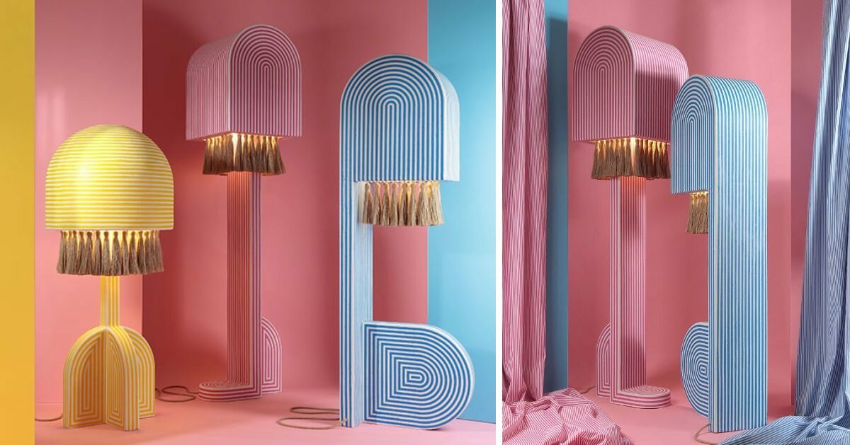 richard yasmine's lamps fuse architectural lines with jute textures