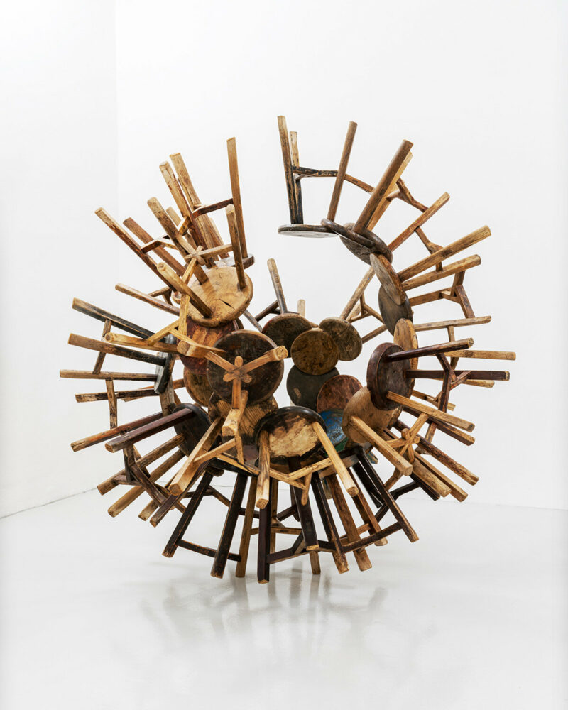 Ai Weiwei, Grapes, 2015, 18 antique wooden stools, courtesy Ai Weiwei Studio and Galleria Continua