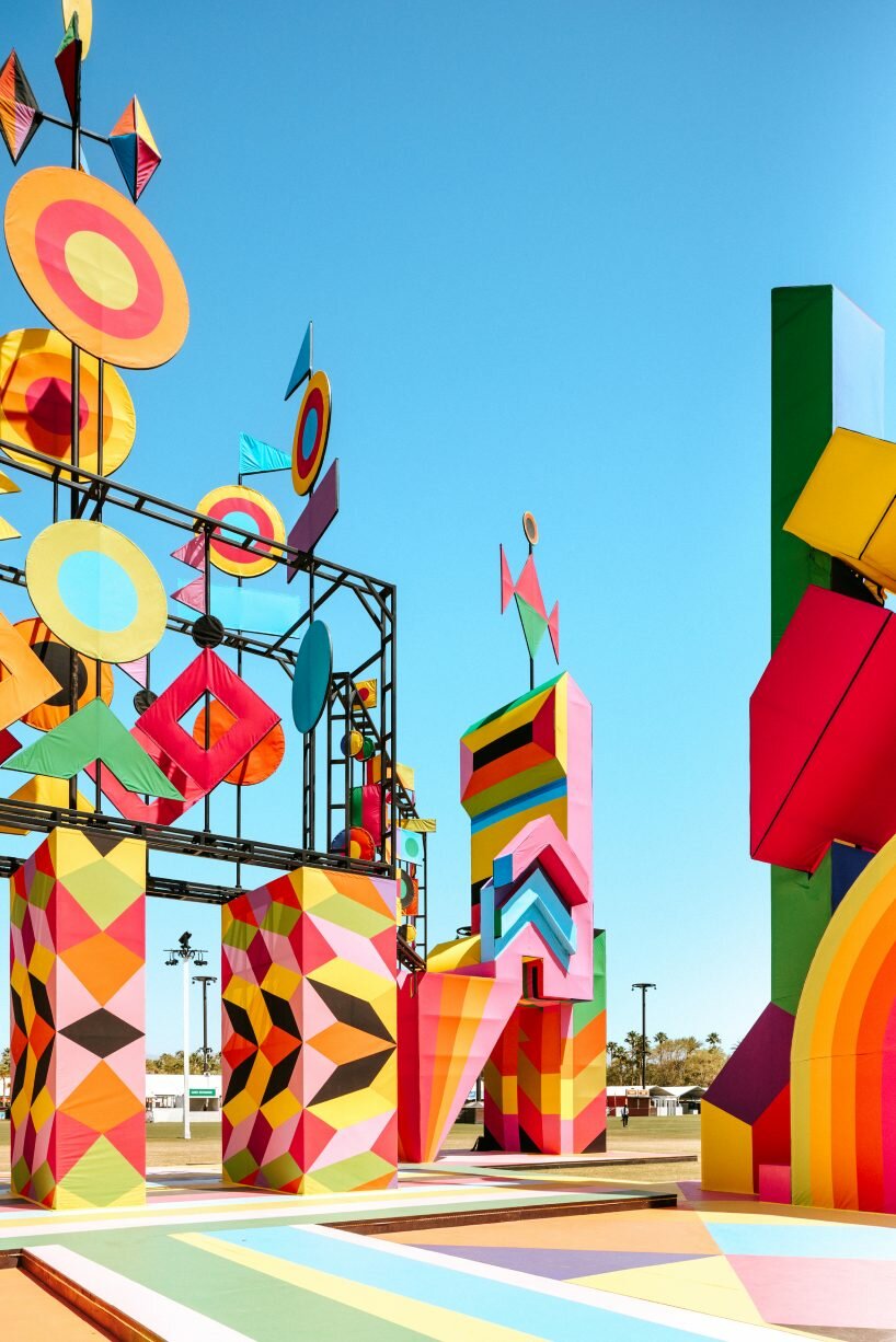 morag myerscough's kinetic installation enlivens coachella desert with a kaleidoscopic plaza