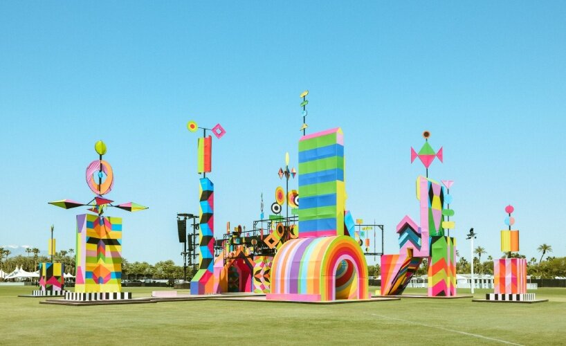 morag myerscough's kinetic installation enlivens coachella desert with a kaleidoscopic plaza