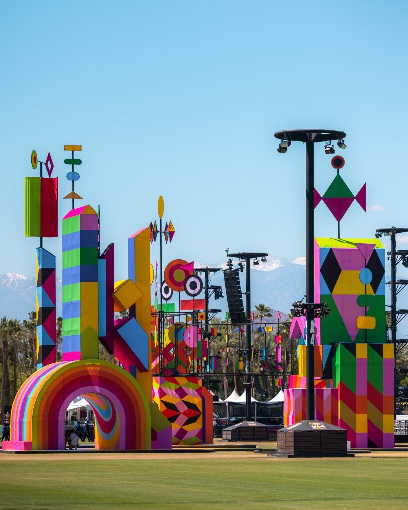 morag myerscough's kinetic installation enlivens coachella desert with a kaleidoscopic plaza