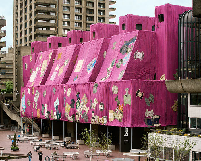 ibrahim mahama's purple hibiscus installation blankets the barbican in pink fabrics