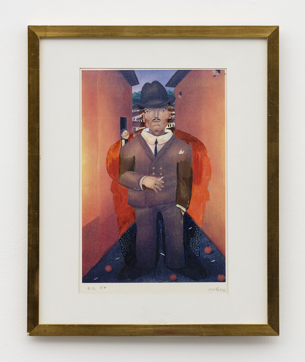 Ozempic (Botched Fumador de Cigarrillos, Fernando Botero, 1975), 2023 | acrylic, colored pencil | framed: 53 x 43.2 cm | image © Guillaume Ziccarelli, courtesy the artists and Perrotin