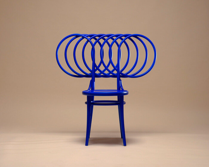 ultramarine wooden circles revise ton's iconic chair 14 displayed at milan design week 2024