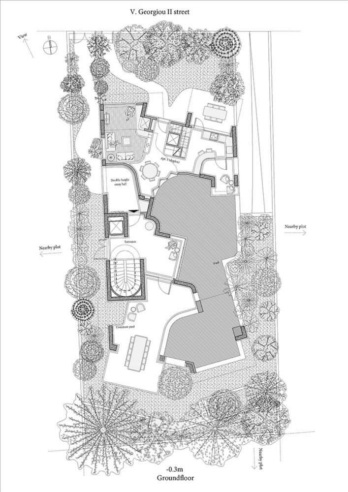 groundfloor plan with the garden, the building entrance and the pool