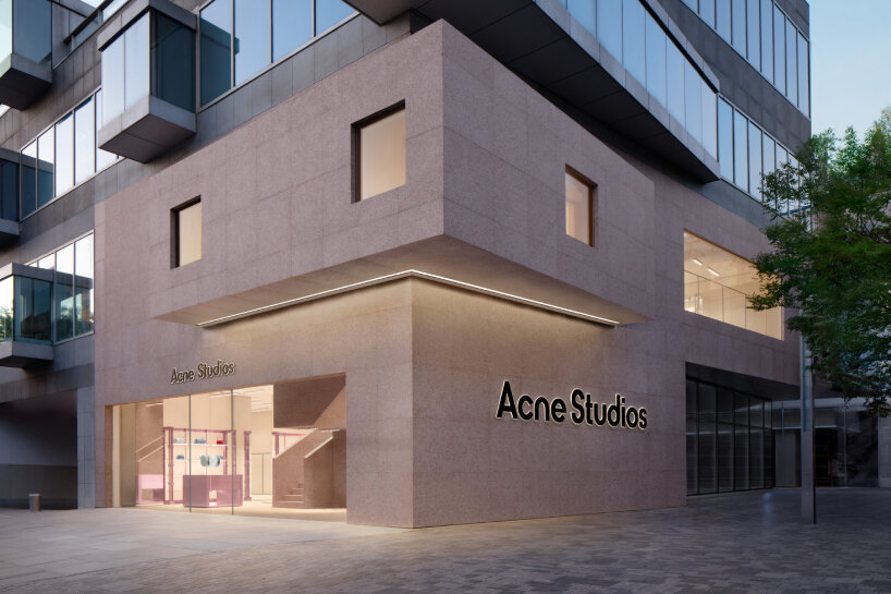 acne studios' signature flamed pink granite envelops beijing sanlitun flagship store