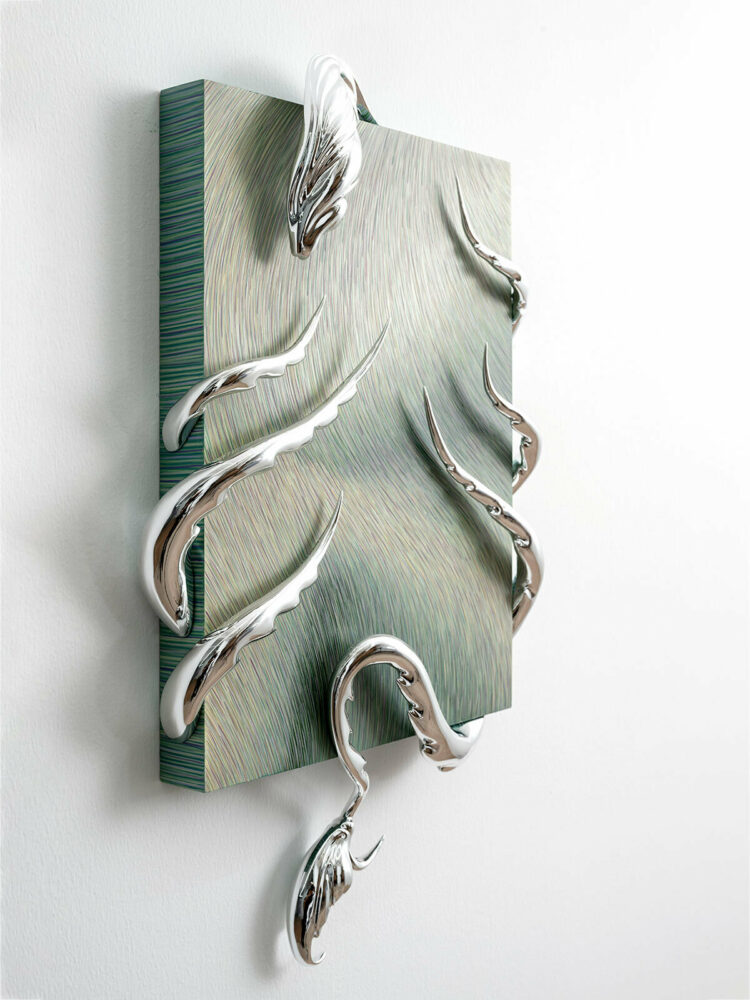 Anastasia Komar, Striatum, 2023, acrylic and electroplated polymer on board, 16 x 12 x 4 inches. courtesy of the artist and Bank, Shanghai