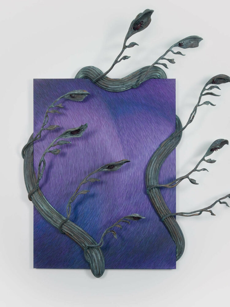 Anastasia Komar, Myosin, 2023, acrylic and oxidized polymer on board, 51 × 52 × 10 inches. photography by installshots.art, courtesy of the artist and Management, New York.