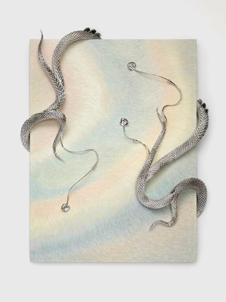 Anastasia Komar, EDEn III, 2024, acrylic and electroplated polymer on board, 51 x 63 x 8.5 in. photography by installshots.art, courtesy of the artist and Management, New York.