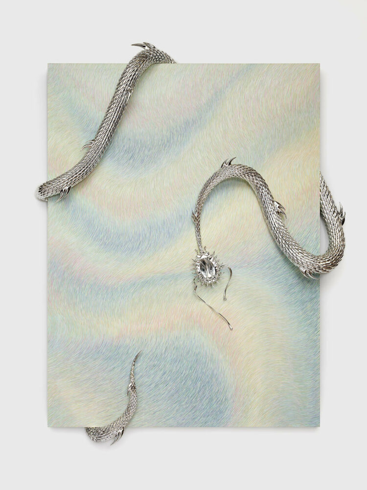 Anastasia Komar, EDEn II, 2024, acrylic and electroplated polymer on board, 66 x 51.5 x 7 in. photography by installshots.art, courtesy of the artist and Management, New York.