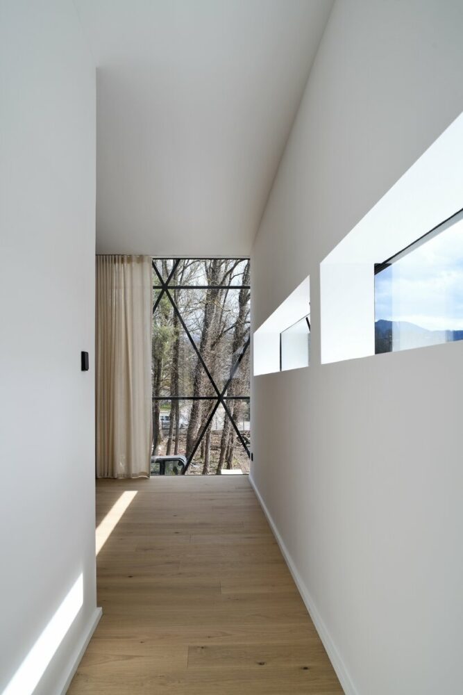 the honeycomb-like design frames views from the interior of BA Holz House