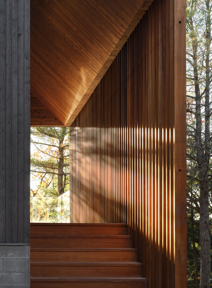 dubbeldam's rustic cottage in canadian woodlands unfolds across two split gables