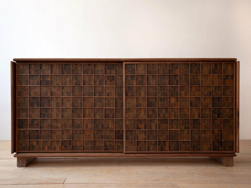 Fernando Laposse, Avocado Skin Cabinet, 2024, avocado skin marquetry, solid walnut, brass and steel hardware