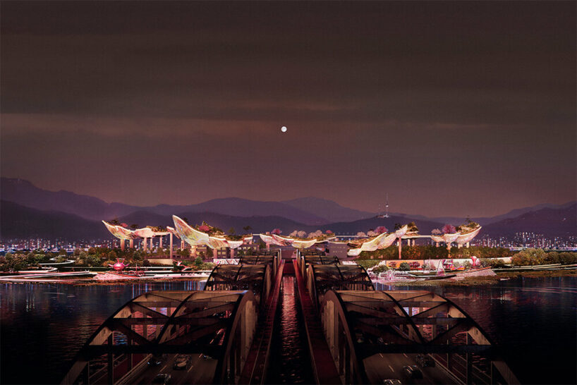 the landscape will rise to an event podium, which connects to a dramatic 1.2km skywalk | all gallery renders © MIR, courtesy Heatherwick Studio