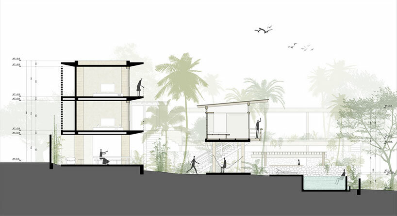 the hotel buildings are turned towards a verdant garden | drawing by Jaques Studio