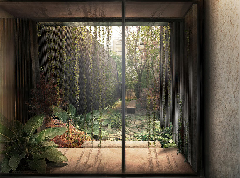 openwork wooden walls shield theo domini's primitive-inspired residence in bordeaux