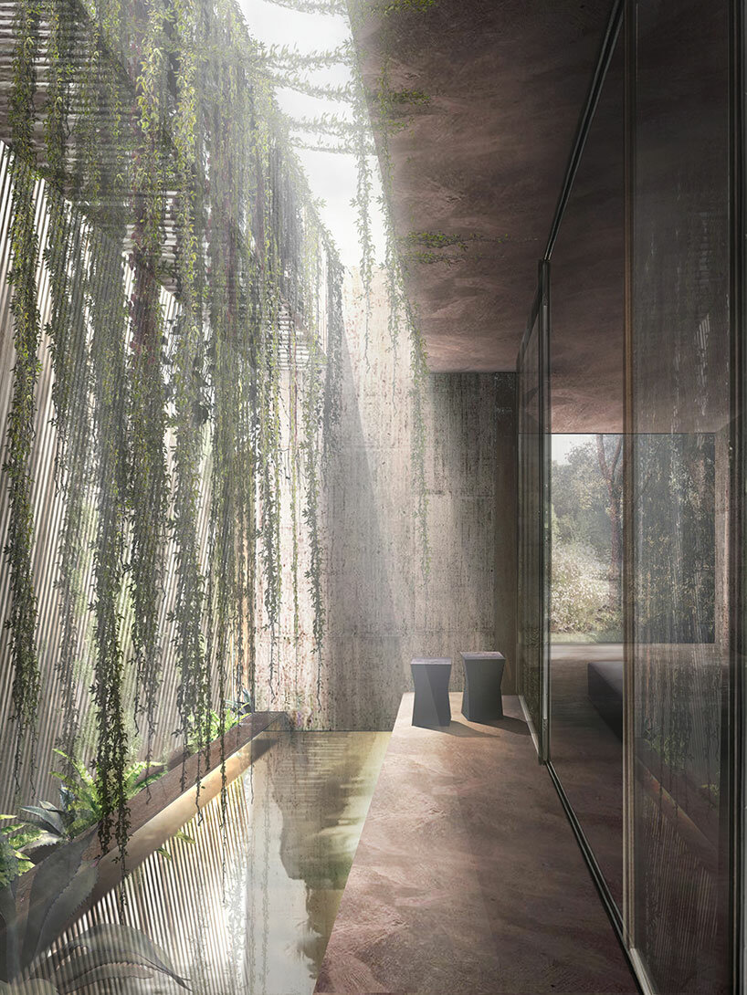 openwork wooden walls shield theo domini's primitive-inspired residence in bordeaux