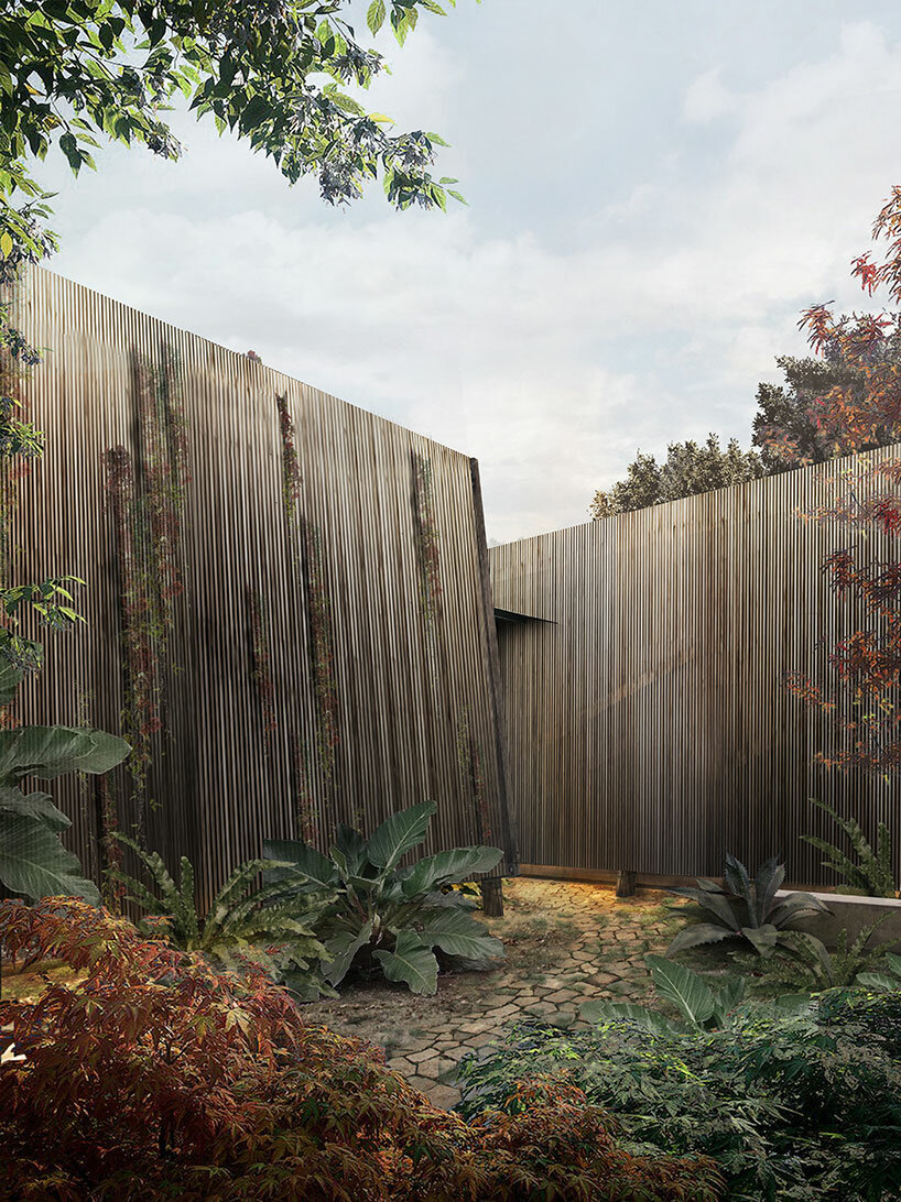 openwork wooden walls shield theo domini's primitive-inspired residence in bordeaux