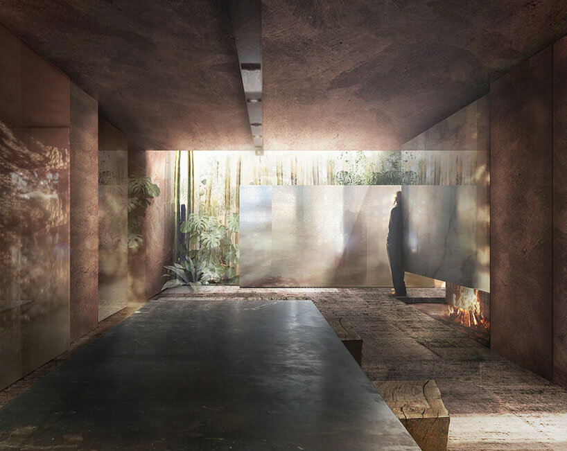 openwork wooden walls shield theo domini's primitive-inspired residence in bordeaux