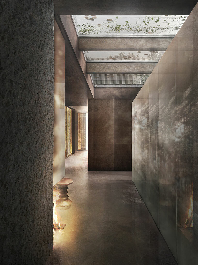 openwork wooden walls shield theo domini's primitive-inspired residence in bordeaux