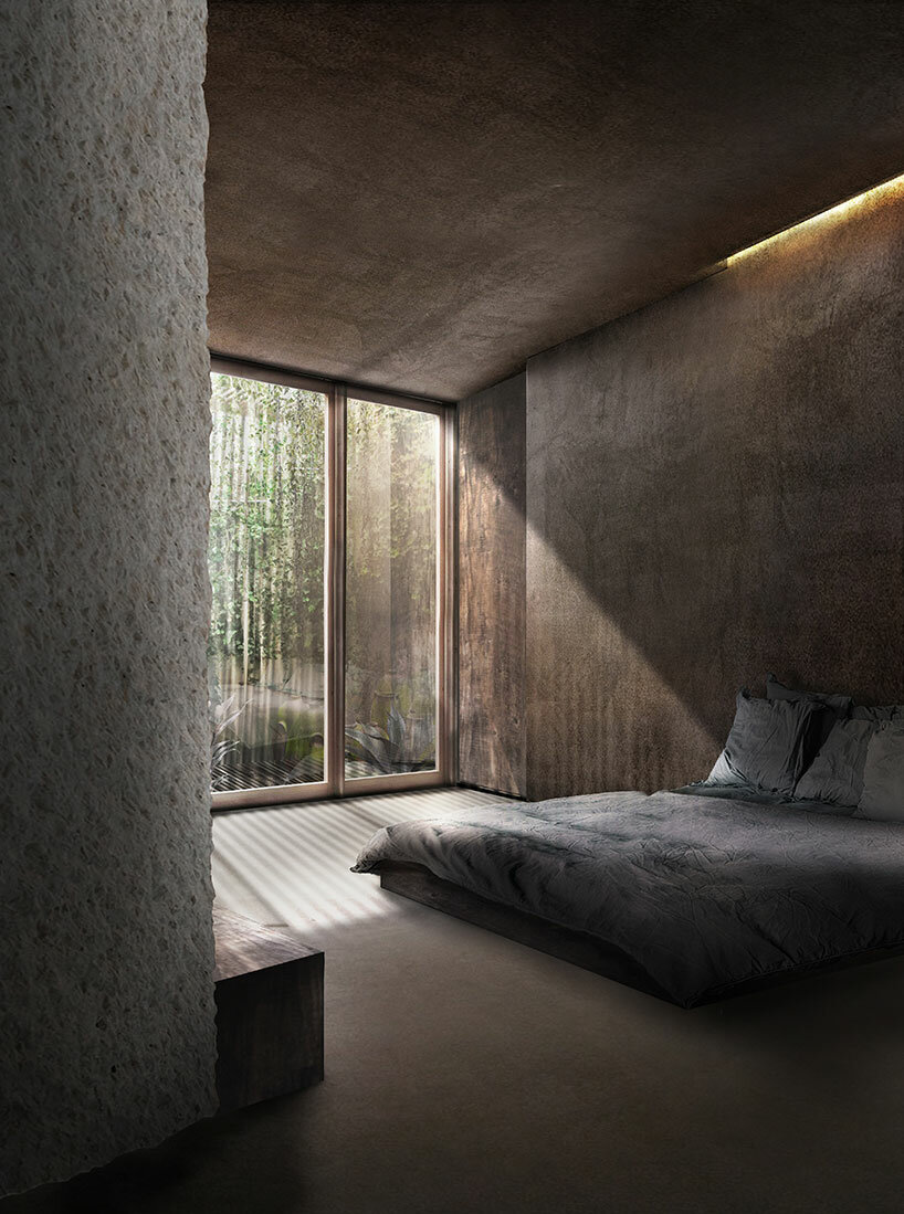 openwork wooden walls shield theo domini's primitive-inspired residence in bordeaux