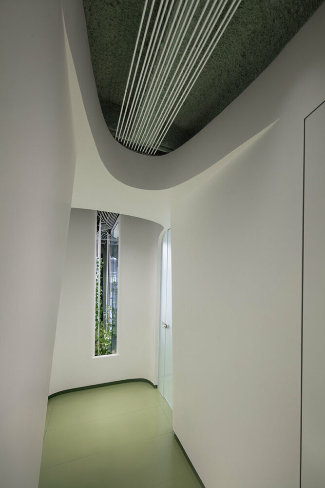 leaving the waiting area, a functional visual axis guides the audience to the treatment rooms