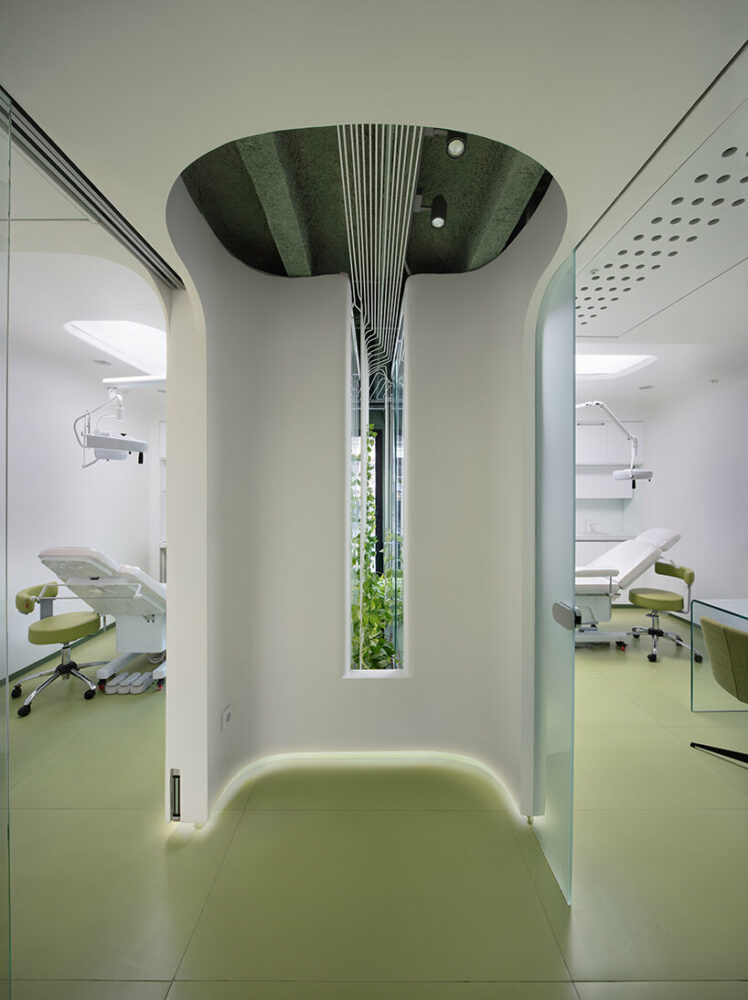 the structure creates a green border between the two treatment rooms using smart glass technology