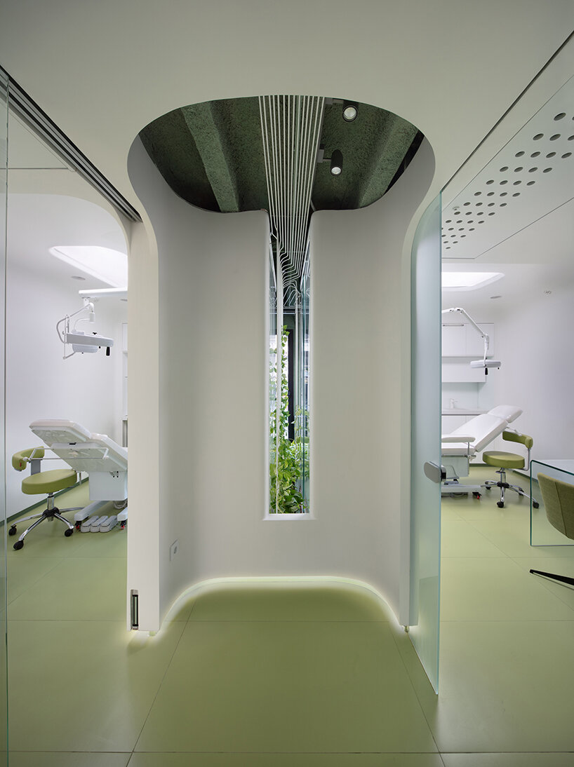 the structure creates a green border between the two treatment rooms using smart glass technology