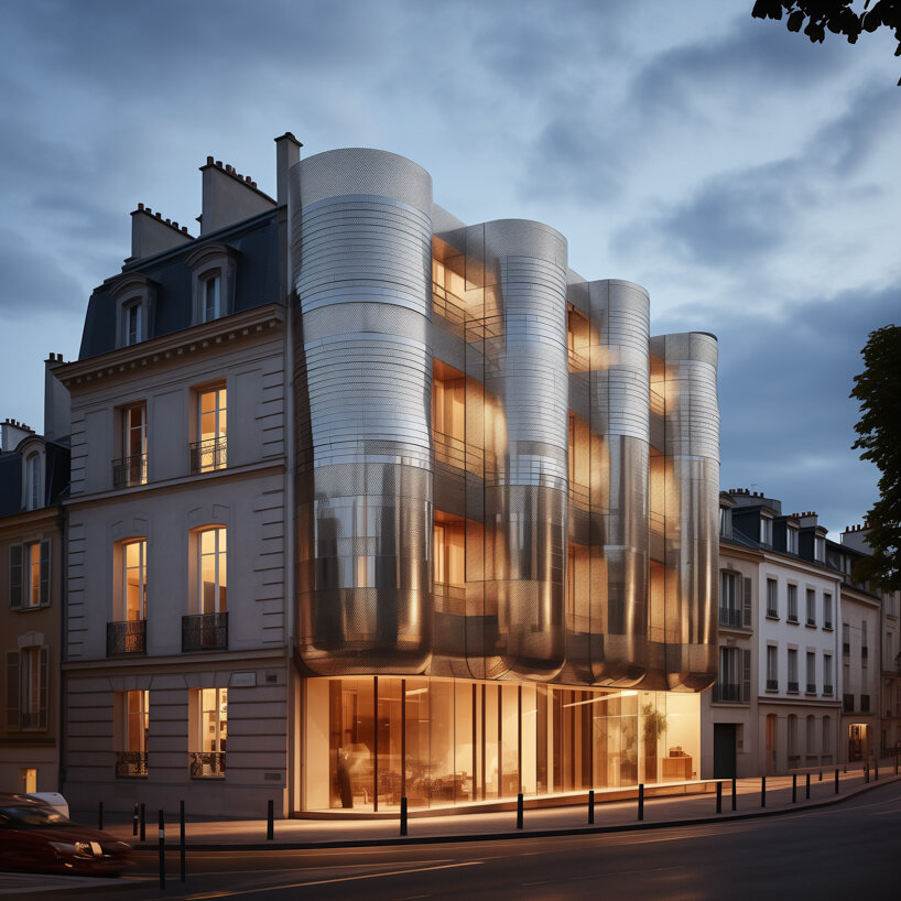 stainless steel panel cylinder attached to the existing structure, covered with stainless steel panel