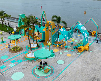 colorful capsules by 100architects turn empty lot into playful public space at hengqin island