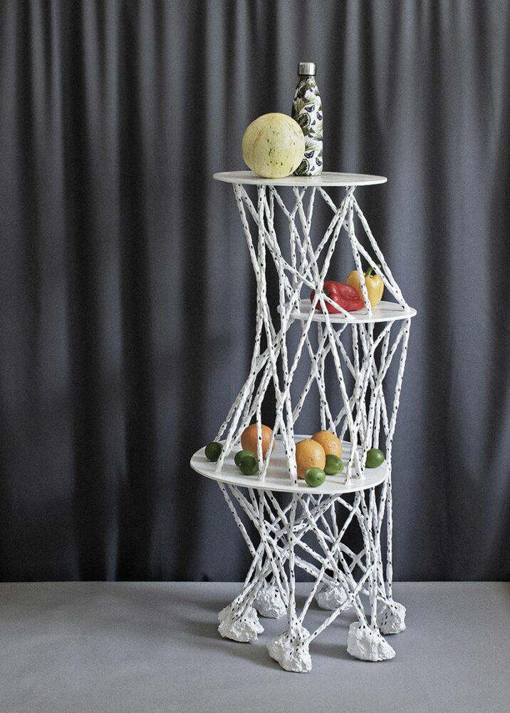 when vibrant items are placed on the shelves, the lines and dots create a kinetic effect