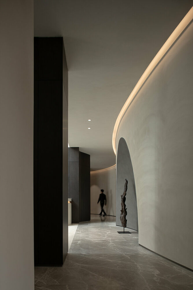 artistic paint, natural wood veneer, and natural stone balance visual elements