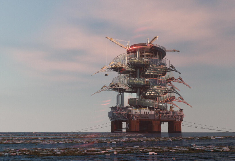 pavels dedström's inxect island repurposes oil rig for plastic-filtering ecosystem powered by mealworms