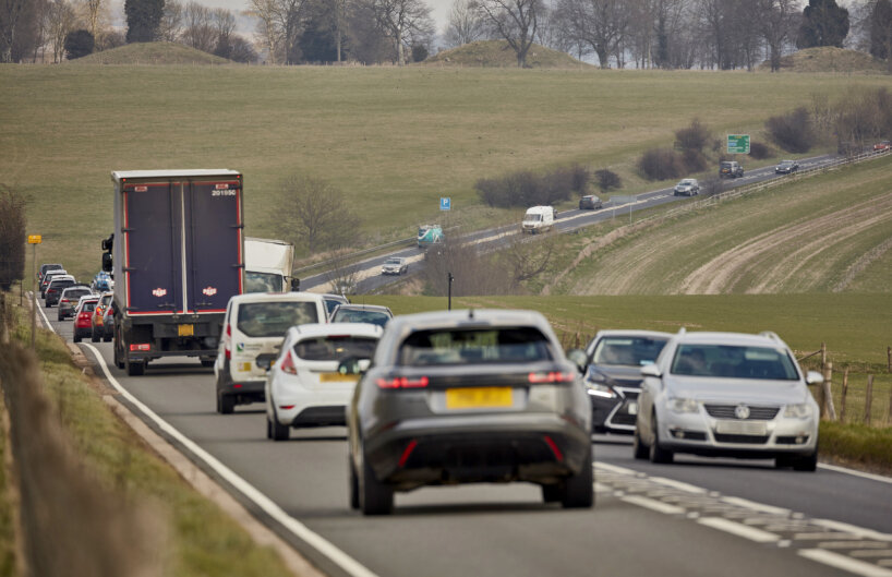 A303 past Stonehenge with busy traffic