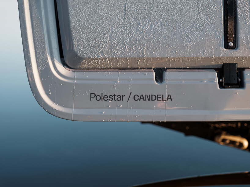 Polestar and Candela's logo on the exterior of the C-8 electric boat with gold hydrofoil
