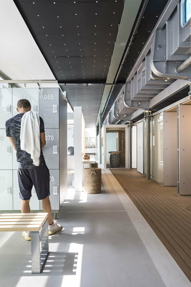 the pool’s heating system efficiently warms the spaces in the lower decks