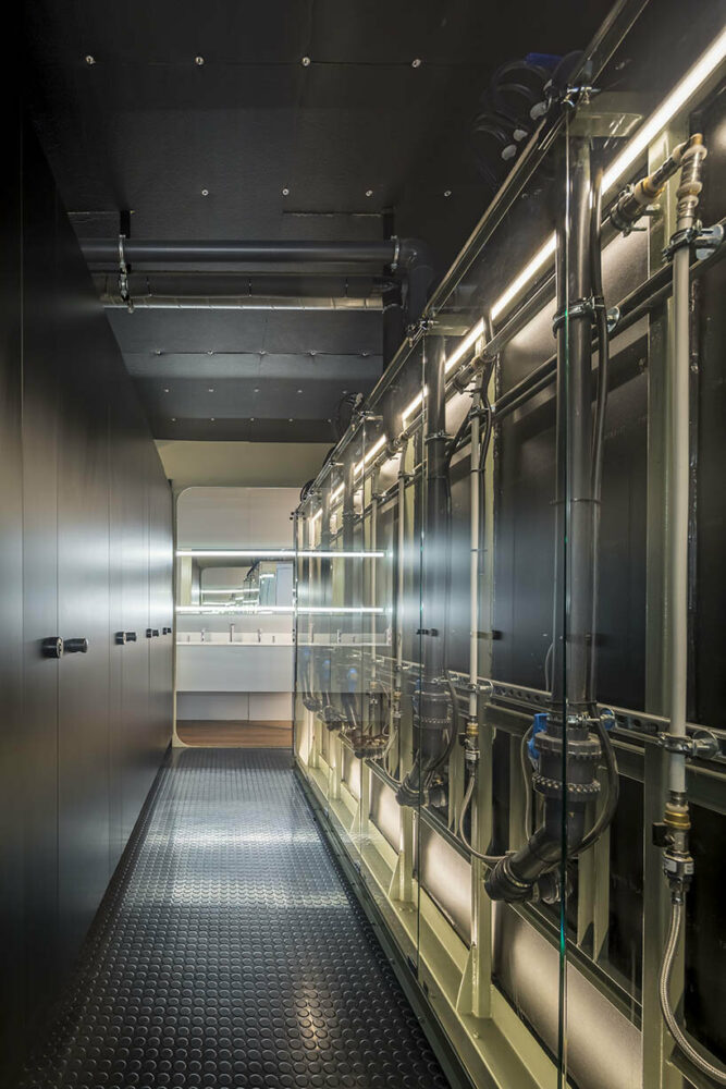 minimal enclosed spaces on the terrace rooftop allow for swimming in the rain or during cold winter nights