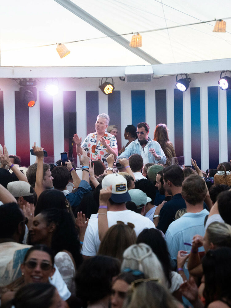 the residency's opening featured a DJ set by Polo and Pan backdropped by Theo's lenticular installation