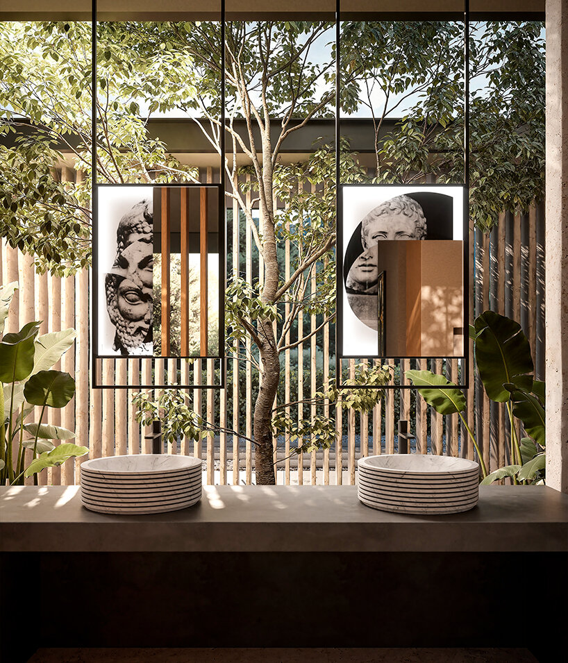 INTROVERSO design sculptural washbasins in Carrara white marble by Paolo Ulian and COLLAGE mirrors by Luca Galofaro