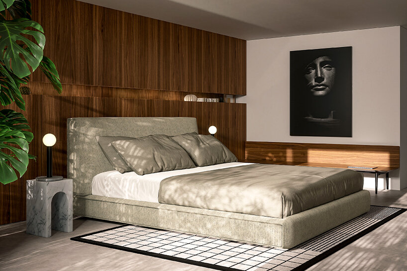 Sofi bed by Carlo Colombo and photograph by Giovanni Ricci-Novara of the 'Tindaro Nero' by Igor Mitoraj