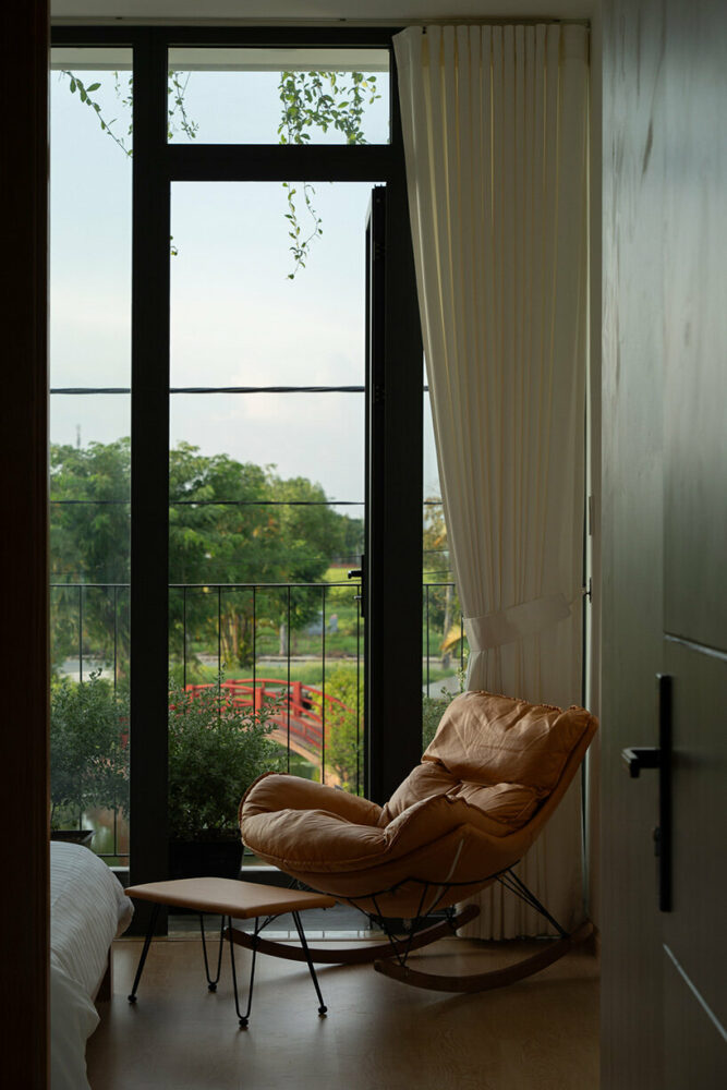 bedrooms are designed with views of the surrounding green park