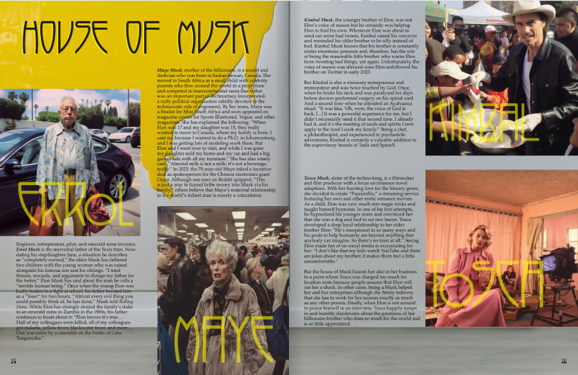 gigacities collectives' elon magazine's surreal imagery & investigative research uncover musk's media spectacles