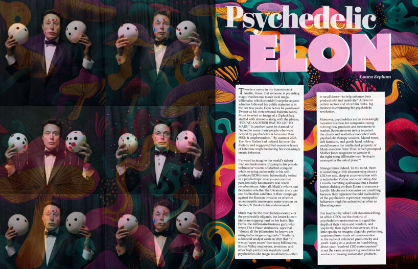 gigacities collectives' elon magazine's surreal imagery & investigative research uncover musk's media spectacles