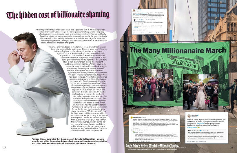 gigacities collectives' elon magazine's surreal imagery & investigative research uncover musk's media spectacles