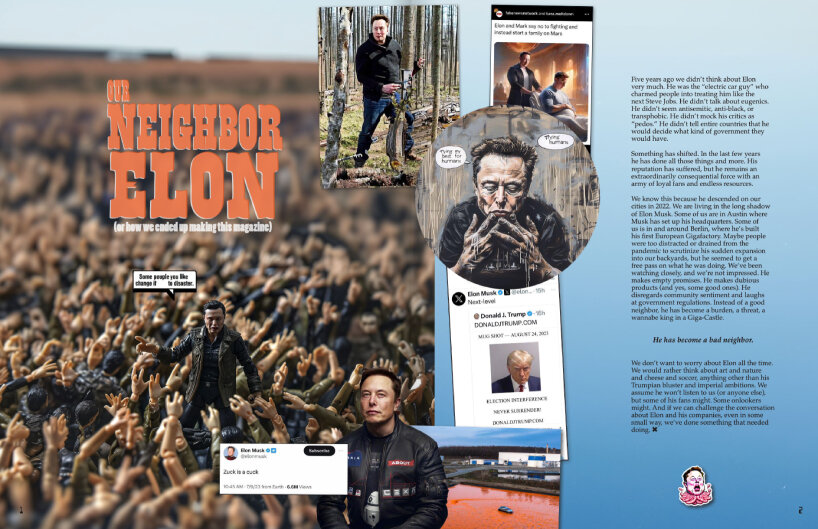 gigacities collectives' elon magazine's surreal imagery & investigative research uncover musk's media spectacles