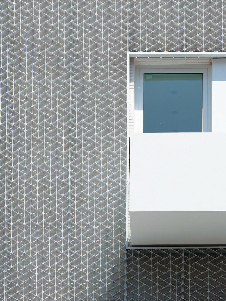 the latticework facade provides privacy and controls sunlight