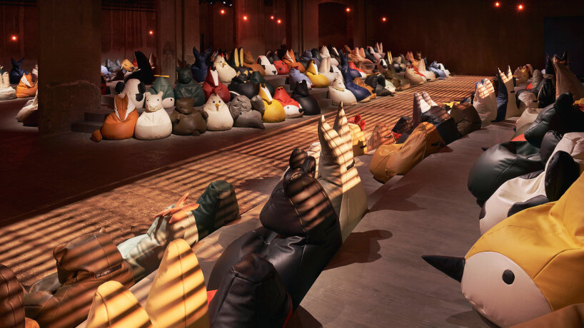 view of Bottega Veneta's show space with the animal beanbag chairs during Milan Fashion Week 2024