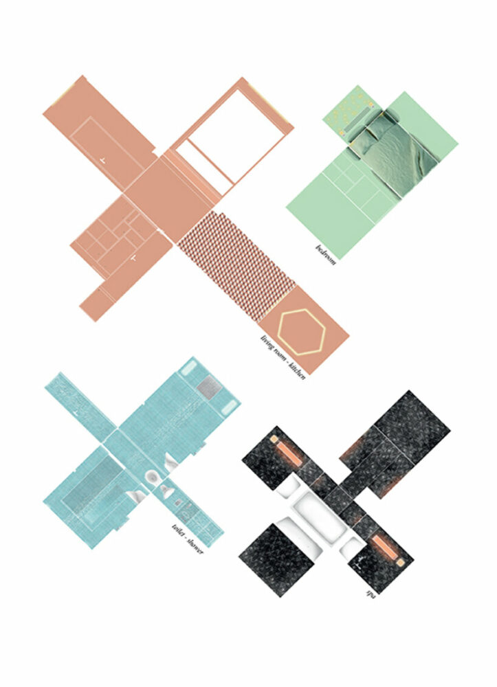 the four spaces are radically different in height and materiality