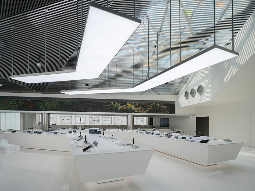 the first-floor product display area is defined by clean lines and floating stands